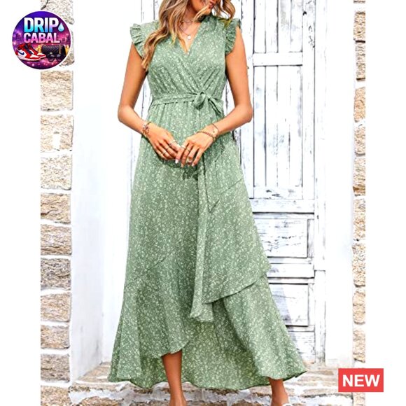 Polyester & Elastane Maxi Dress with V-Neck, Ruffle Sleeves, and Wrap Belt - Picture 4 of 7